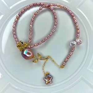 🌹 Handmade Freshwater Unicorn 🦄 Flameball Keshi Pearl Gold Plated Necklace 🌹ROSE